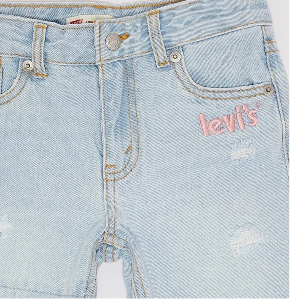 Levis Girls Light Wash Distressed Low‎ Pitch Midi Denim Shorts Size 7 Reg Pink